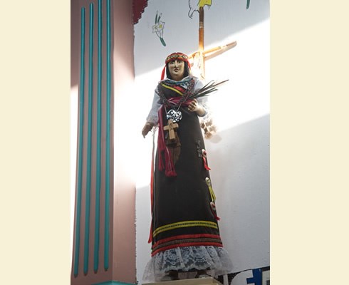 A statue of the American Indian saint Kateri Tekakwitha adorns the Ysleta Mission along with other symbols of the Tigua Indian community that settled in Ysleta del Sur after the 1680 New Mexico Pueblo Revolt. Photo © Jack Parsons