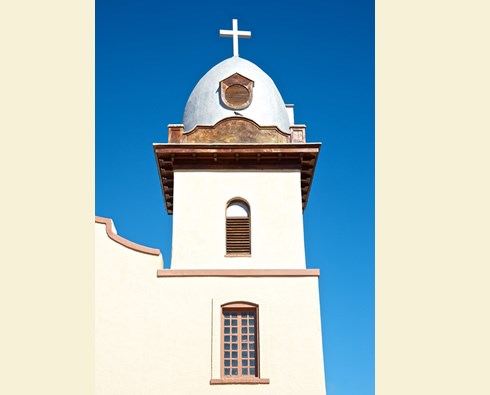The first domed bell tower was built at Ysleta Mission in 1891 but was destroyed in a 1907 chemical fire. Since its rebuilding in 1908, the dome has endured as one of the mission’s defining architectural features. Photo © Jack Parsons