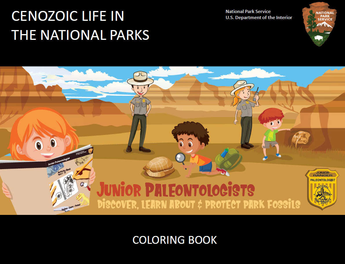 Zaz_Figure 3 The cover of a coloring book including a cartoon of children and rangers in a badland investigating fossils. Text on the cover includes “Cenozoic Life In The National Parks”, “Junior Paleontologists Discover, Learn About & Protect Park Fossils”