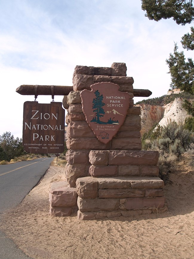 Zion National Park east entrance sign Zion National Park entrance sign.
