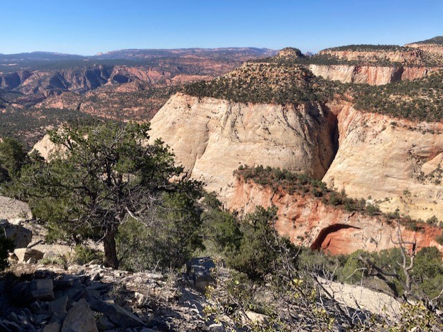 Zion NP east side potential trail view View of a desert landscape with canyons and brush