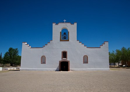 The Socorro Mission was built in west Texas after the Pueblo Revolt by indigenous peoples who relocated to Socorro del Sur. Today it is one of the best-preserved examples of mission architecture in the Southwest. Photo © Jack Parsons.