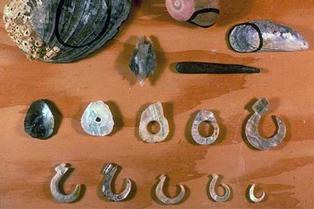 Collection of fishhooks made of abalone shell lined up in neat rows