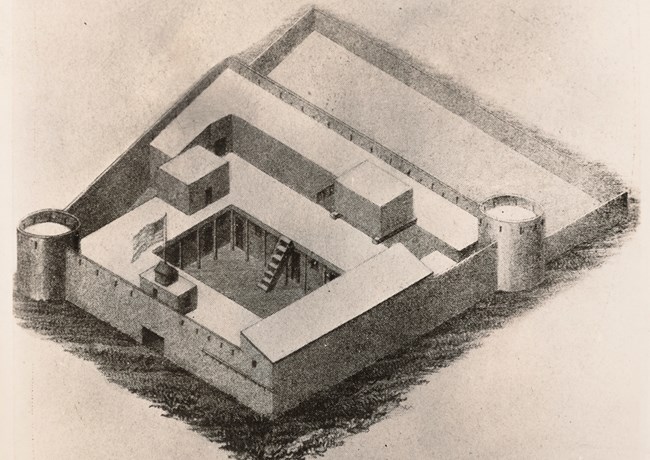Lithograph showing a trapizoidal shaped fort with an American Flag.