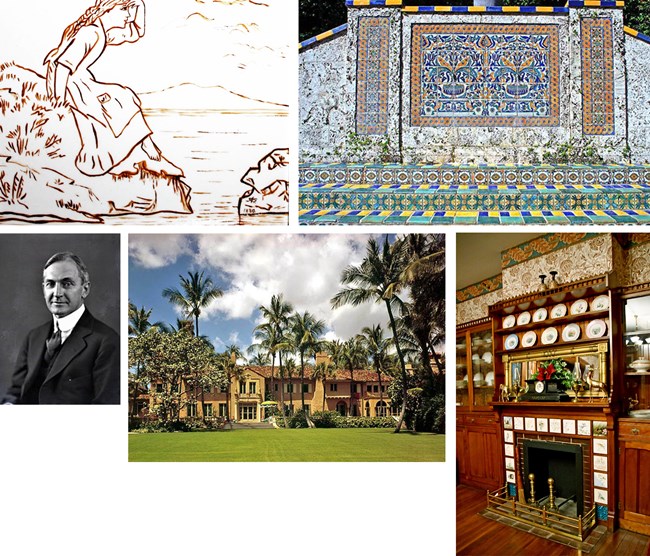 A group of photos showing a tile, a large house and a middle age man