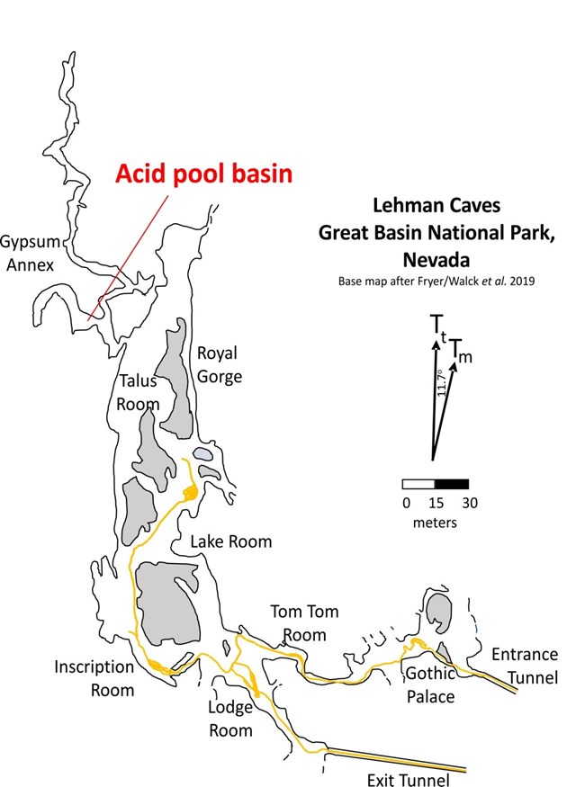 acid pool Map of Lehman Caves showing the acid pool basin in the Gypsum Annex.