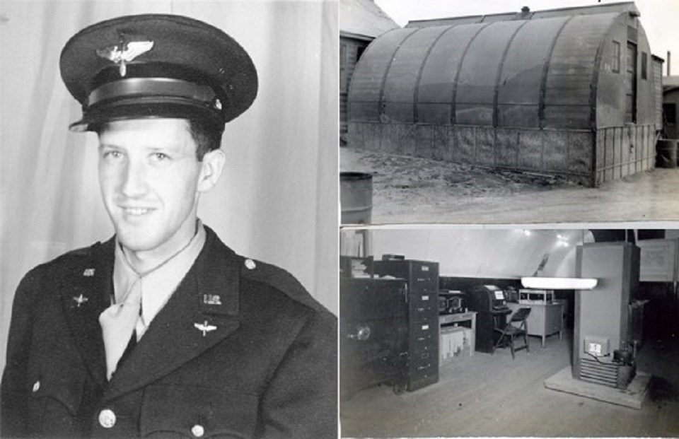 Three photos: man in uniform, exterior of a quonset hut and interior desk area.