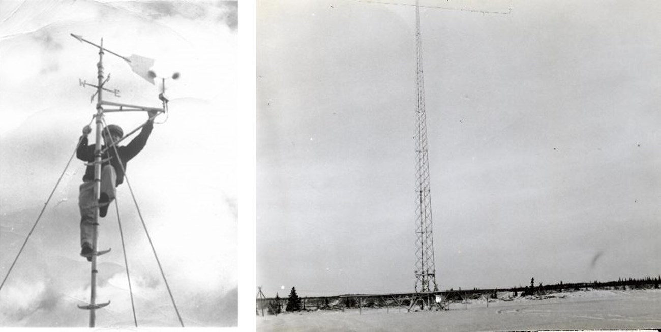 Two photos: a man on top of a weather antenna with cardinal directions; tall metal scaffolding rising into the sky.