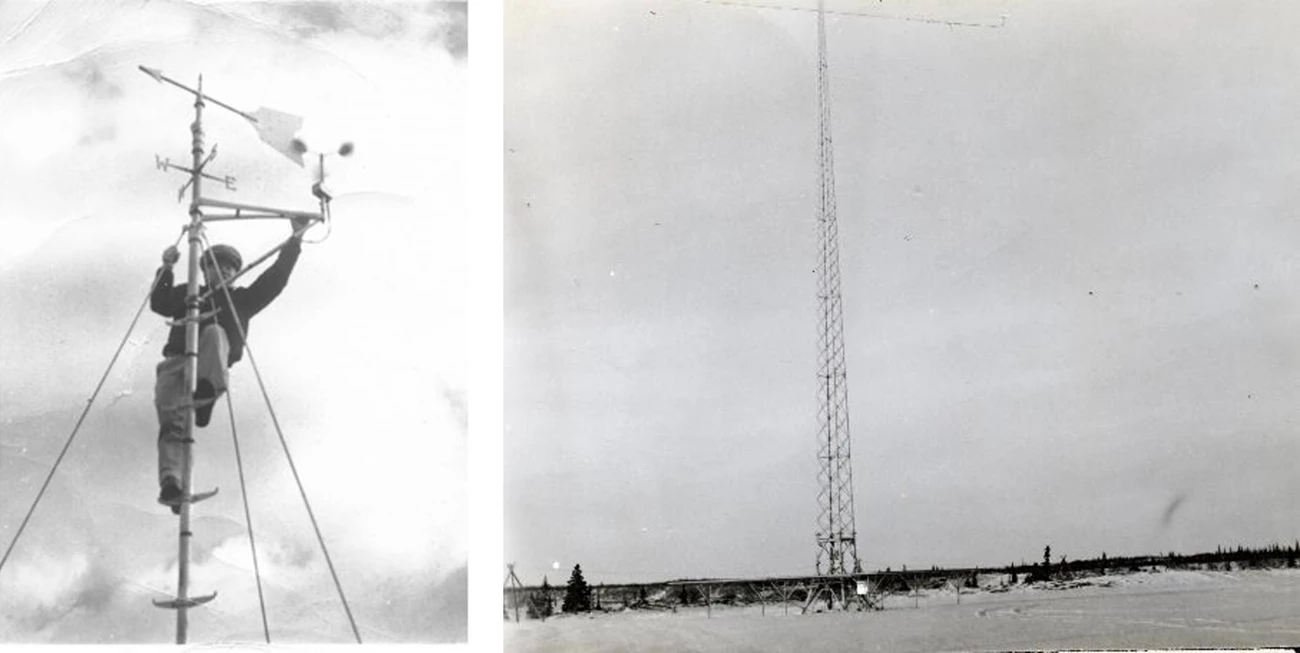 Weatherman on radio antenna; radio range antenna Two photos: a man on top of a weather antenna with cardinal directions; tall metal scaffolding rising into the sky.