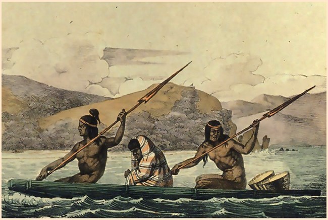 3 Ohlone people on tule reed boat on the Bay, c 1822