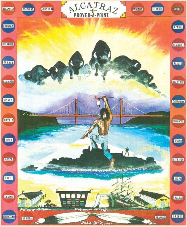 Painting of an indigenous man on alcatraz raised fist toward the bridge, names of tribes surround