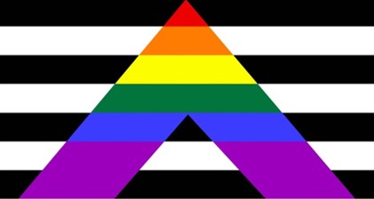 Black and white flag with a rainbow 'A' overlaid