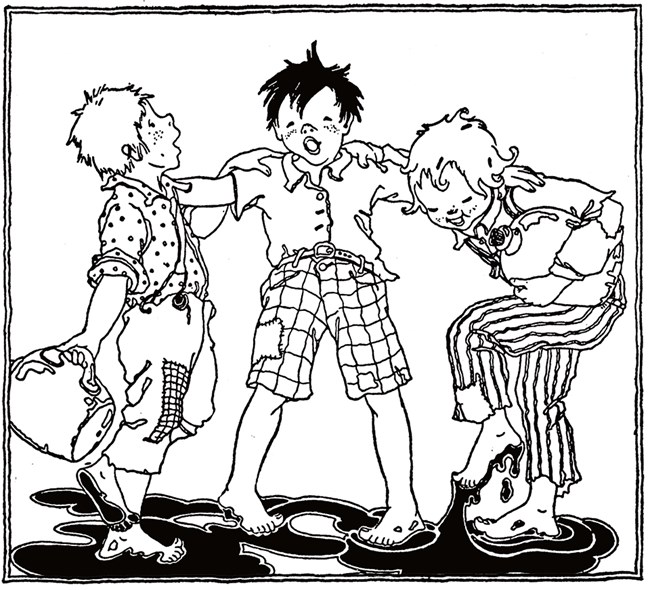 black and white drawing of three boys with their feet stuck in puddles of molasses