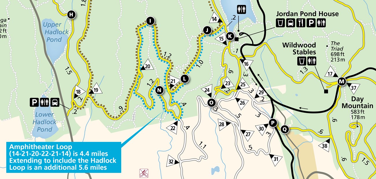 A map of the Amphitheater Loop within Acadia's carriage road system.
