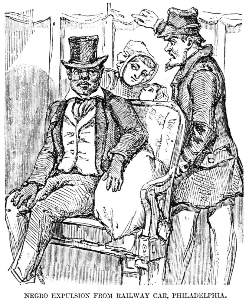 An illustration of a Black man being told to leave a railway car.