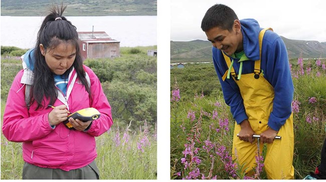 Two youth learn archaeology skills.