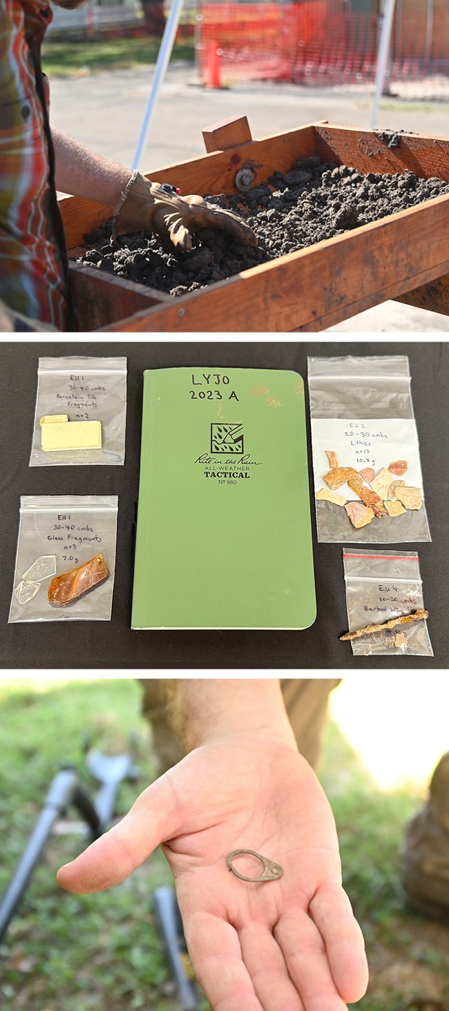 Three photos showing a person sifting soil along with resulting various artifacts such as an old style soda pop tab.