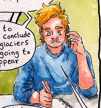 Artist Maddi Bacon The artist, in a blue sweater with tousled blond hair, holding the phone and writing in the notebook