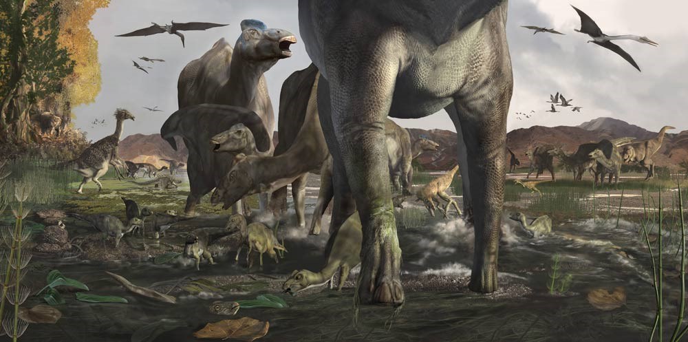 artist's mural of prehistoric scene with dinosaurs
