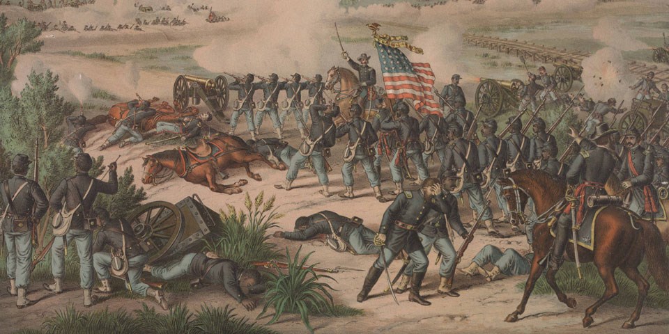 Color lithograph of Civil War African American soldiers and white officers on horseback engaged in fighting a battle.