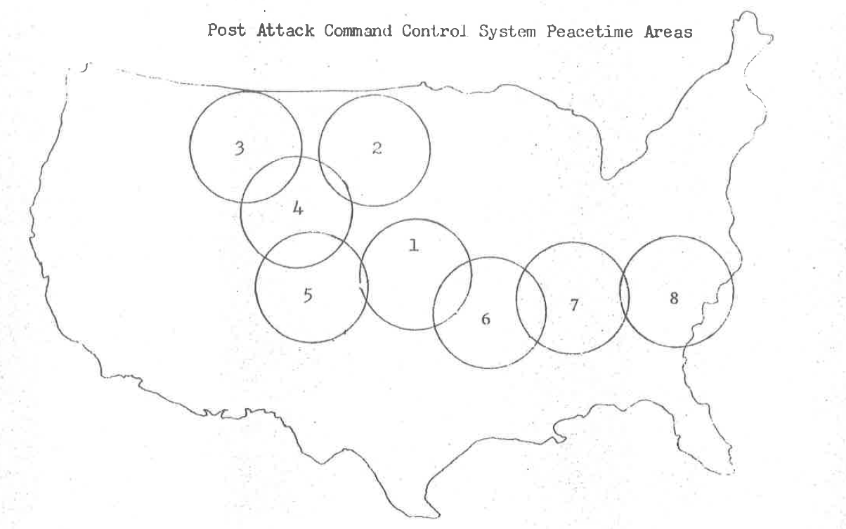 Post Attack Command Control System Peacetime Areas Black and white map of the United States with numbered circles ranging from the areas of North Dakota going south and then east to the coast.
