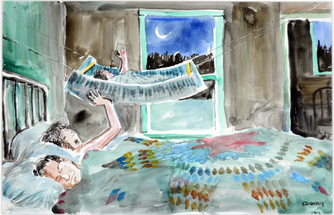 baby swing 2 Painting of a couple in a bed with a baby suspended nearby and a moon showing through the window.