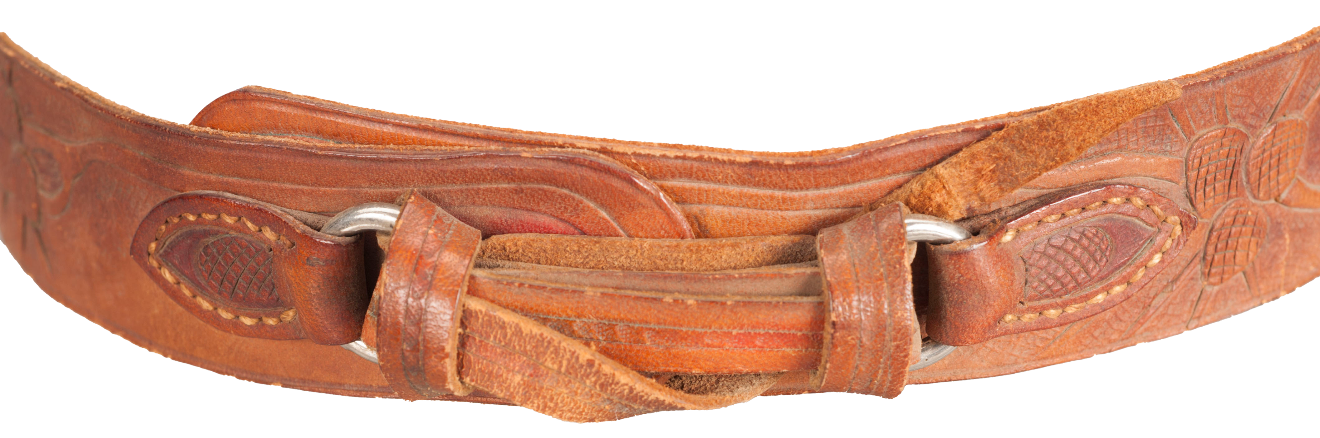 Ring fasteners detail, Albright's hatband. Ring fasteners on the back of a reddish-brown hatband