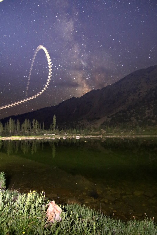 Pattern of bat flight lit up as it loops through the night sky, with Milky Way in the background.