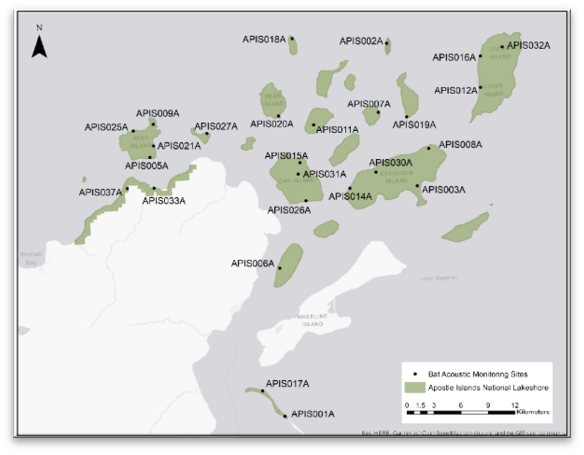 bat survey sites Map of the Apostle Islands with dots showing locations of survey sites.
