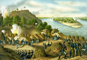 battle_of_vicksburg_kurz_and_allison soldiers and cannnons overlooking a harbor