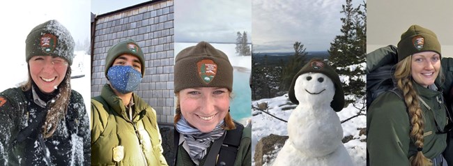 Five portraits of park rangers and a snowman wearing green beanies