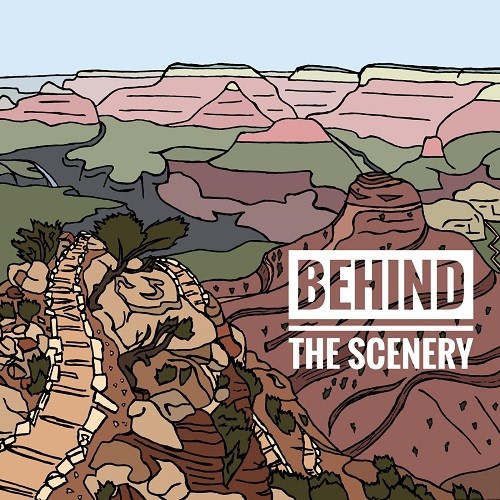 typography of red canyons and the desert with the text on the right that reads: behind the scenery