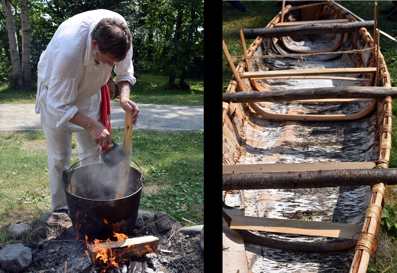 bent ribs A person in historic clothing ladles steaming water over a wood strip. Dry wood strips hold the bent ribs in place within the birch hull.