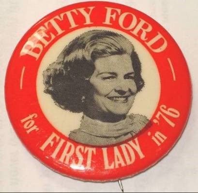 bettyfordpin round red pin with Betty Ford in the middle
