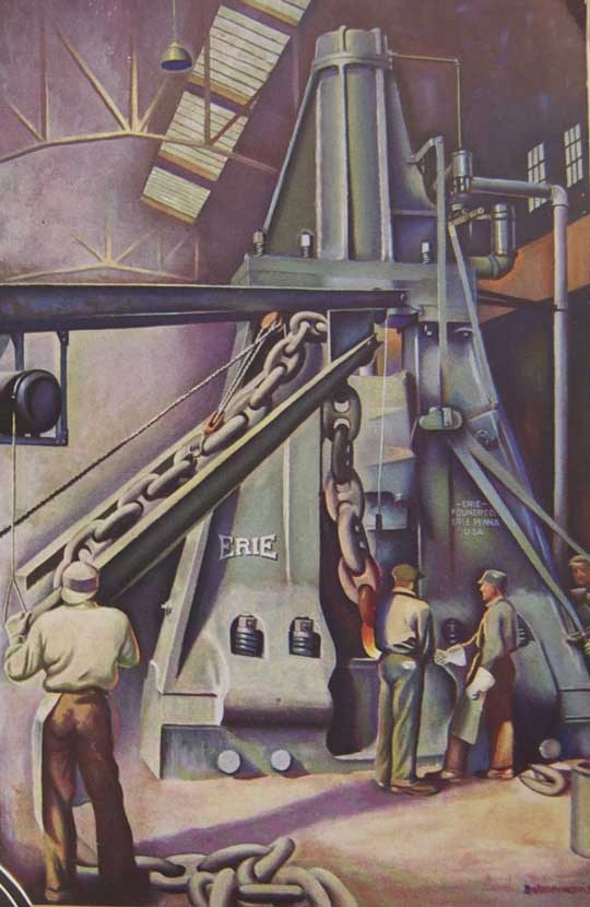 Color painting of abstracted men in workclothes around a large drop hammer with ERIE stamped on its side