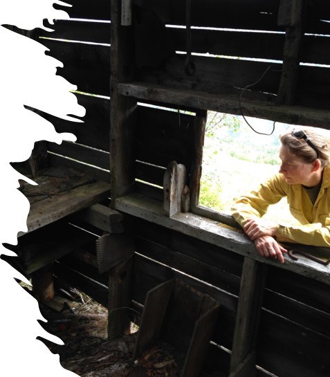 a woman in yellow jumpsuit leans in a window of an abandoned building assessing its structural integrity