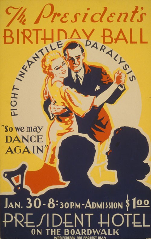 Image of a couple dancing on a poster for the President's Birthday Ball