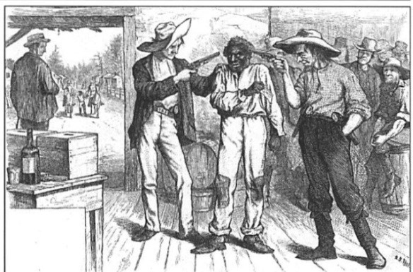 two white men trying to intimidate a black man cartoon during the Civil War era