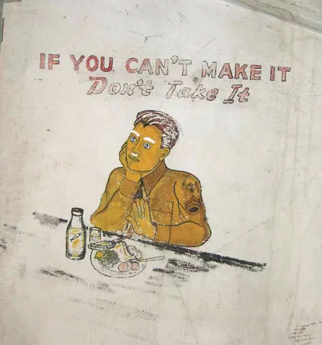 a painting of a soldier sitting at a table with a plate of food in front of him. Words above say "If you can't make it, don't take it"