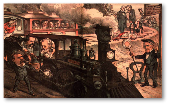 cartoon showing three men driving a train on the tracks