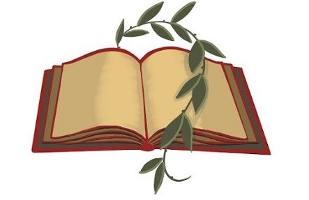 Illustration of an open book with a shrub branch growing around it