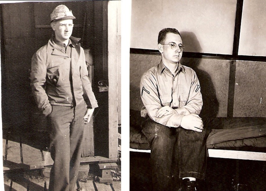 Robert Boon in the Aleutian Islands Two black and white photos of the same man, seated and standing.