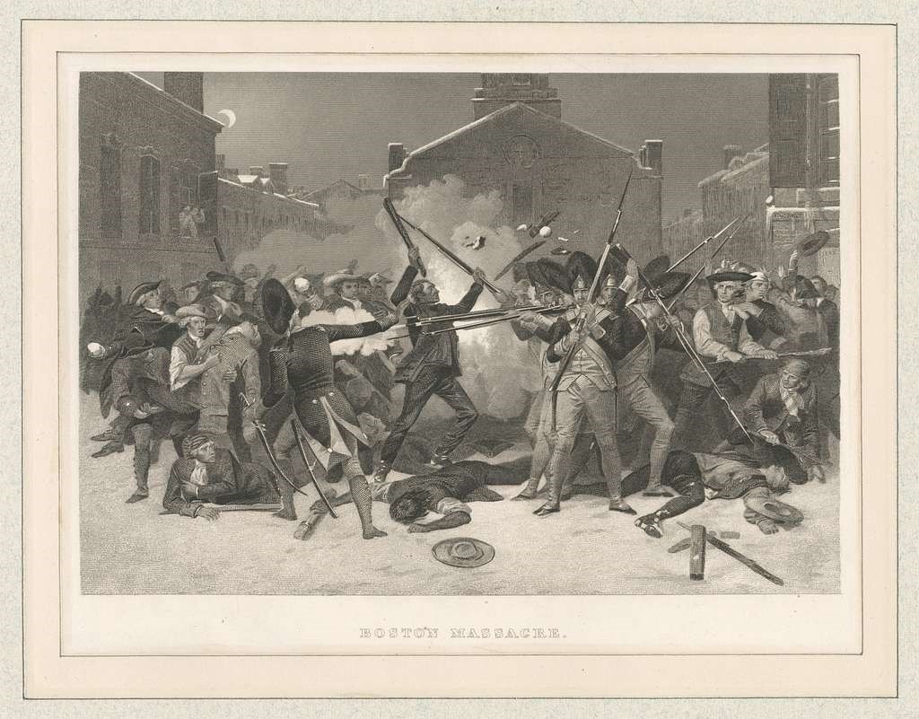 boston massacre 2 Image of the Boston Massacre. Citizens with clubs and bricks face off against British soldiers firing guns. Cloud of smoke encircles people