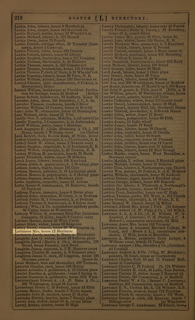A page from the Boston Directory with two columns listing L last names. Lattimore is highlighted