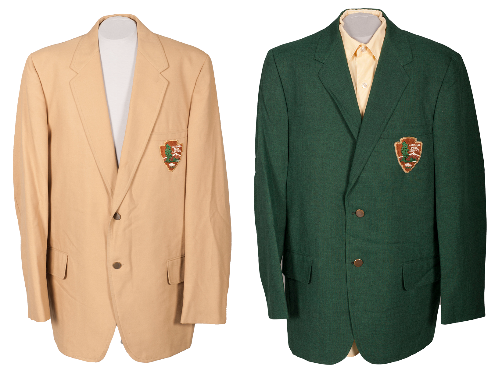 Camel and green blazers on mannequins