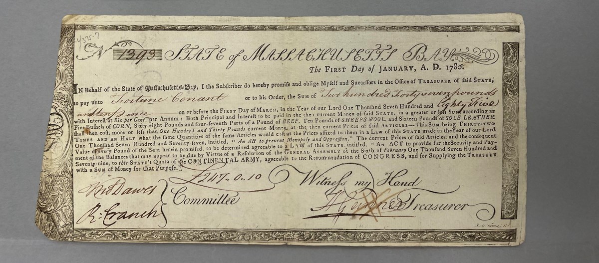 a bounty note for Fortune Conant from Massachusetts in 1780