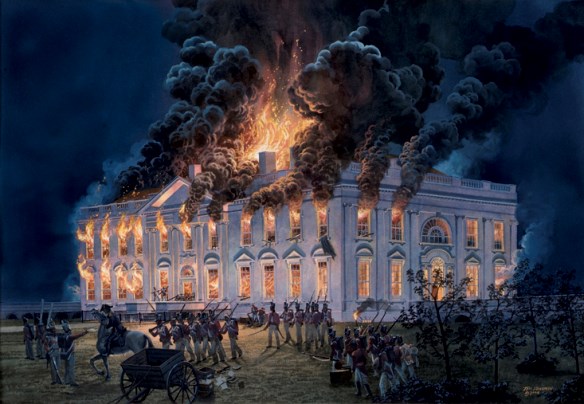 british-burning-the-white-house painting of the White House at night with flames coming out the windows