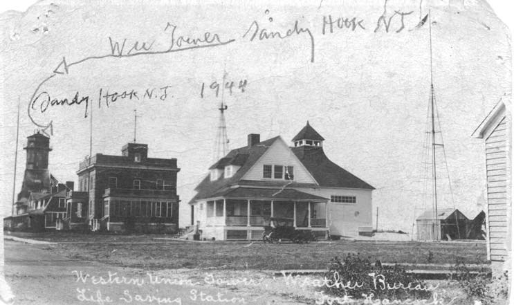 a postcard featuring two historic sandy hook buildings and a tower