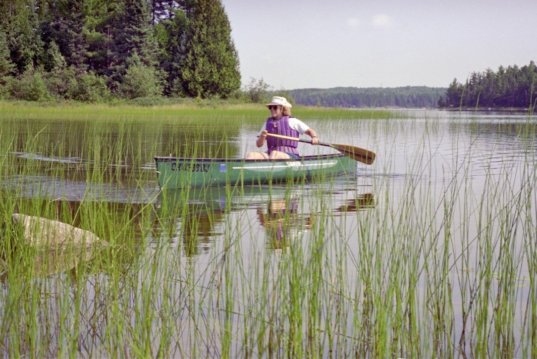 Elaine Marsh in a canoe A blond woman paddles a canoe in a large wetland full of reeds. She wears a hat, t-shirt, shorts, and purple life vest.
