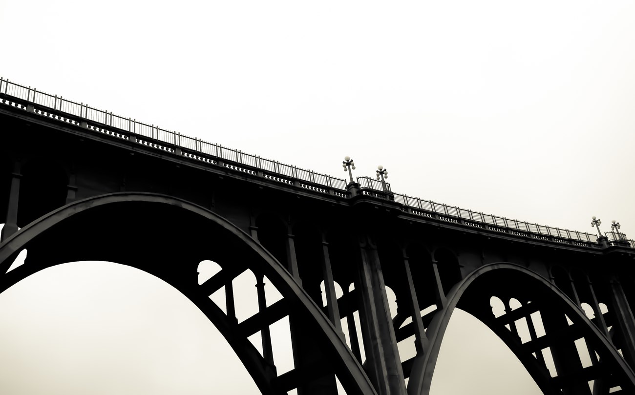 A black and white image of a tall bridge with arched supports.